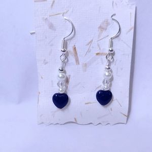 Blue Glass hearts pearls handmade earrings